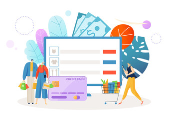 Online payment shopping, tiny people together buy stuff in internet store, website page flat vector illustration, isolated on white.