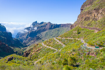 Winding serpentine road heading to Masca mountain village in Tenerife, Canary islands. One of the most visited places in Spain