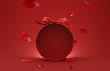 3D podium, display, background. Red, surprise, open gift box. Rose flower falling petals. Luxury cosmetic product presentation. Abstract, love, valentines day or woman's day. 3D render birthday mockup