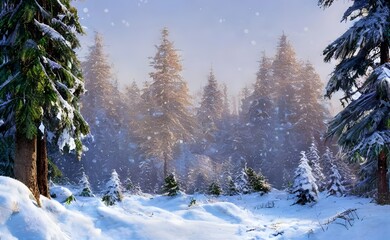 I am walking through a dense forest, blanketed in a layer of freshly fallen snow. The trees are laden with frost, and the air is chillingly crisp. In the distance I see a small cabin nestled amongst t