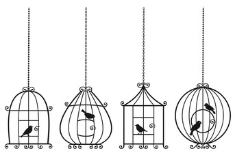 Vintage birdcages with birds, illustration over a transparent background, PNG image