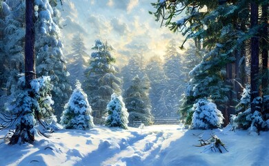 The forest is a winter landscape with tall trees and a blanket of snow on the ground. The air is cold and crisp, and the sun is shining brightly.