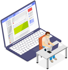 Man working remotely with computer. Freelance or Internet job concept. Person sitting with laptop, viewing information on website. Guy studying courses online, freelancer works with electronic device
