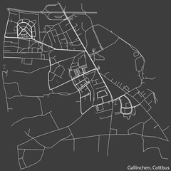 Detailed negative navigation white lines urban street roads map of the GALLINCHEN DISTRICT of the German town of COTTBUS, Germany on dark gray background