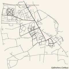 Detailed navigation black lines urban street roads map of the GALLINCHEN DISTRICT of the German town of COTTBUS, Germany on vintage beige background