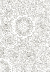 Floral coloring page with ornaments for adults on white background