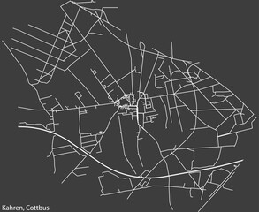 Detailed negative navigation white lines urban street roads map of the KAHREN DISTRICT of the German town of COTTBUS, Germany on dark gray background