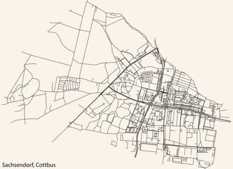 Detailed navigation black lines urban street roads map of the SACHSENDORF DISTRICT of the German town of COTTBUS, Germany on vintage beige background