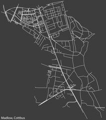 Detailed negative navigation white lines urban street roads map of the MADLOW DISTRICT of the German town of COTTBUS, Germany on dark gray background