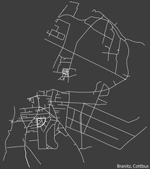 Detailed negative navigation white lines urban street roads map of the BRANITZ DISTRICT of the German town of COTTBUS, Germany on dark gray background