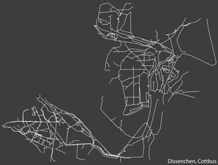 Detailed negative navigation white lines urban street roads map of the DISSENCHEN DISTRICT of the German town of COTTBUS, Germany on dark gray background