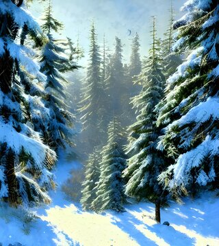 The forest winter landscape is a beautiful and serene image. The snow-covered trees and ground give the scene a softly glowing look, while the blue sky adds to the sense of calm.