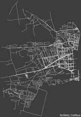 Detailed negative navigation white lines urban street roads map of the STRÖBITZ DISTRICT of the German town of COTTBUS, Germany on dark gray background