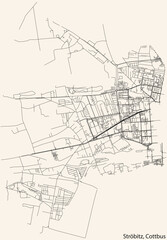 Fototapeta na wymiar Detailed navigation black lines urban street roads map of the STRÖBITZ DISTRICT of the German town of COTTBUS, Germany on vintage beige background