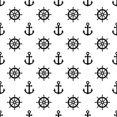 Anchor and helm ship seamless pattern. Black symbol boat or steering on white background. Repeated marine texture. Repeat nautical design for travel prints. Repeating sea backdrop. Vector illustration