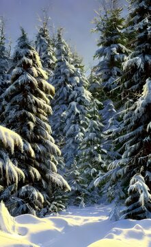 I see a forest winter landscape. There is snow on the ground and trees. The sky is blue and there are some clouds. I can also see a mountain in the distance.