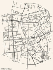 Detailed navigation black lines urban street roads map of the MITTE DISTRICT of the German town of COTTBUS, Germany on vintage beige background