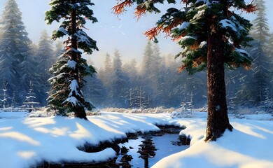 In this forest winter landscape, the trees are blanketed in a layer of soft white snow. The ground is covered in a thick layer of crunchy ice. In the distance, you can see the sun shining off the icy 