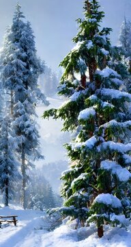 In the forest winter landscape, there is a scene of tranquility and beauty. The soft white snow blankets the ground, trees, and bushes. There is a layer of frost on every branch and blade of grass. Th
