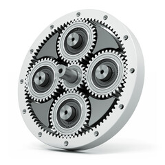 Planetary gears on a white background. Part of the gearbox. 3d render