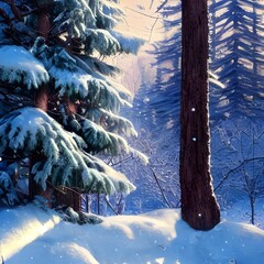 A thick blanket of snow covers the ground as far as the eye can see. Tall evergreen trees stand tall and proud, their branches heavy with snow. A small stream winds its way through the forest, barely 