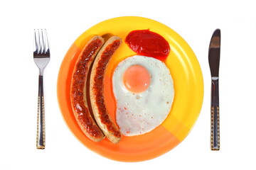 fried sausages with egg isolated on white background