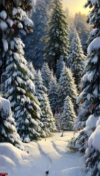 The snow is falling gently through the air, blanketing the ground in a soft white layer. The trees are covered in frost and their branches droop with the weight of the ice. In the distance, you can se