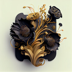 Illustration of a black and Gold Floral Arrangement on Dark Background