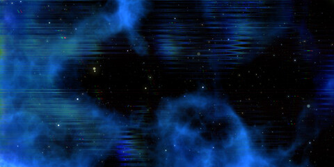 Obraz na płótnie Canvas Abstract blue nebula sky with wind glitch effect in dark cosmos universe. Synth wave. Vapor wave cyberpunk style disco tech party fantasy style. Celebration spectrum round festive design 