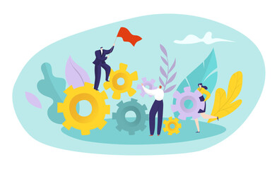 Teamwork businessman leadership tiny character hold red flag, business entrepreneur flat vector illustration, isolated on white.
