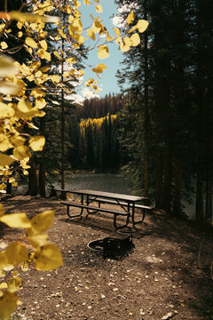 Campsite in autumn and lake front