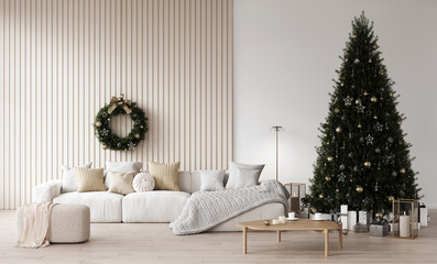 Cozy christmas living room decorated christmas pine tree, decorations, garlands, candles, grey sofa with a blanket, gifts under the tree. Template, background for card. Christmas wreath on the wall