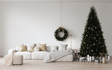 Cozy christmas living room decorated christmas pine tree, decorations, garlands, candles, grey sofa with a blanket, gifts under the tree. Template, background for card. Christmas wreath on the wall