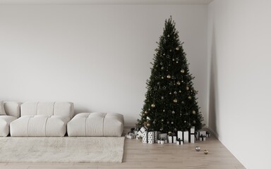 Cozy christmas interior living room, soft sofa. Decorations, garlands, candles, gift box. Interior with christmas tree with glass balls. Template, background for сhristmas card