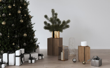 Amazing christmas living room interior with christmas tree with glass balls, gifts, decoration, lights, christmas tree branches in a vase, candles in a glass box, wooden stump. Family time. Template.