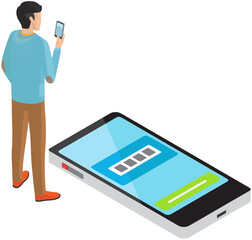Man stands uses smartphone, browsing or chatting, texting or watching videos. Vector male character with phone checks charge of phone. Person with cellphone, guy communicating by mobile gadget