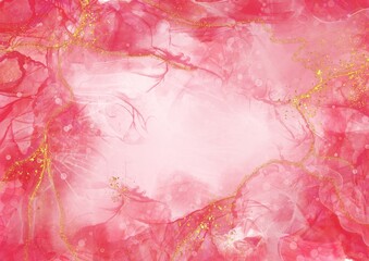 Pink Watercolor Crystal. Bright Alcohol Ink Painting. Gold Watercolor Blotch. Paintbrush Color. Coral Unique Marble. Rose Oil Paint Abstract. Brushes 3d.