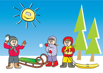 Children and snowballing, winter landscape, vector cute illustration