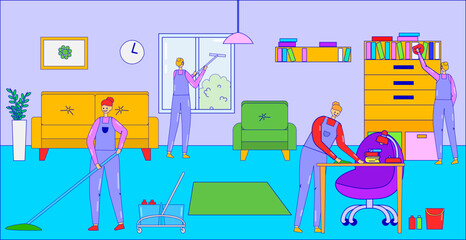 Business cleaning service, professional team people character clean up apartment room line vector illustration, housekeeping maintenance.