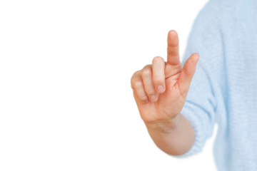 Female hand touching the virtual button with forefinger