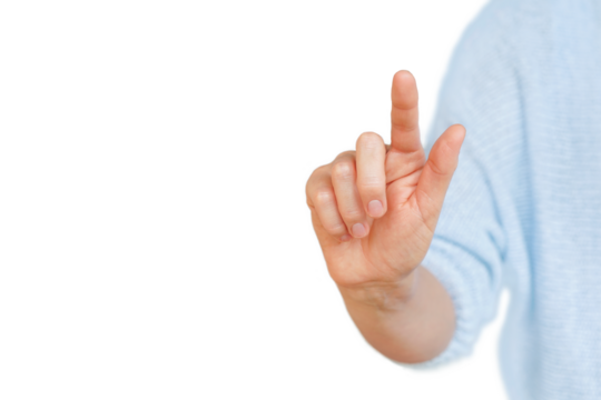 Female hand touching the virtual button with forefinger