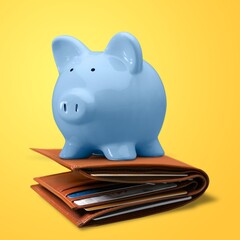 Savings money concept. Ceramic Piggy bank with money