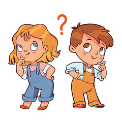 Girl and a boy stand pondering a question. Template for children design. Colorful cartoon characters. Funny vector illustration. Comic style. Isolated on white background