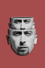 Digital collage with head of a young bearded man