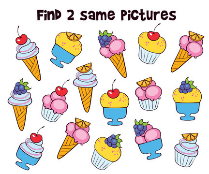 Find two same pictures. Find two identical ice cream. Educational game for children. Colorful cartoon characters. Funny vector illustration. Isolated on white background