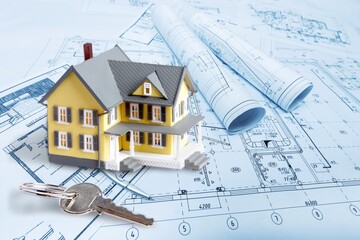 Classic cadastral map with toy house
