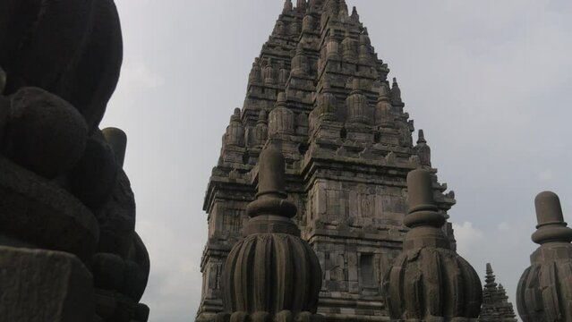 Overview of the Hindu Prambanan temple with its carved towers, in Indonesia