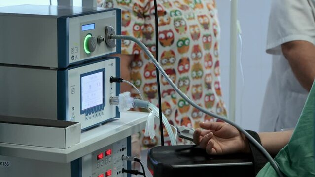 Medical devices. Interior hospital surgery. Hand of patient. 