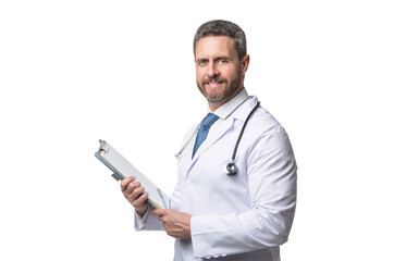 happy doctor with clipboard. doctor isolated on white. doctor hold medical record - obrazy, fototapety, plakaty
