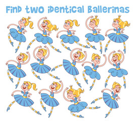 Ballerina. Find two same pictures. Educational game for children. Cartoon vector illustration. Isolated on white background